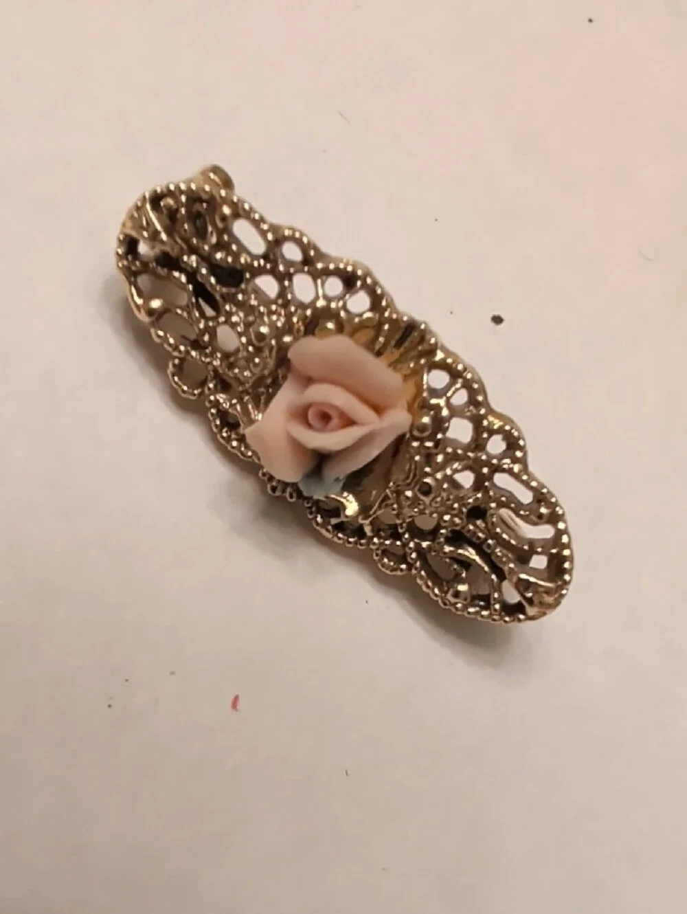 Gold Tone Filigree Brooch with Blush Pink Porcelain Rose